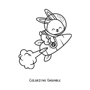 Image à colorier d'un lapin animé dans une fusée en forme de carotte