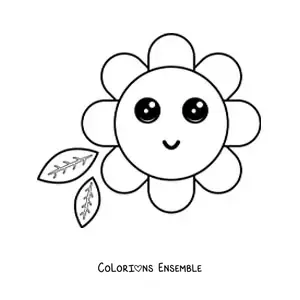 Image à colorier d'une grande fleur kawaii avec des feuilles