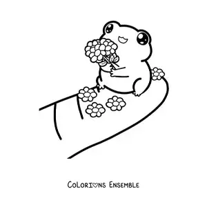 Image à colorier d'une grenouille kawaii avec des fleurs