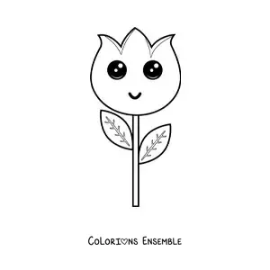 Image à colorier d'une grande tulipe kawaii avec des feuilles