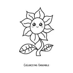 Image à colorier d'une grande fleur animée kawaii avec des feuilles