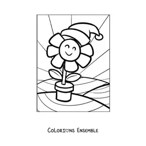 Image à colorier d'une fleur animée avec un bonnet de Noël