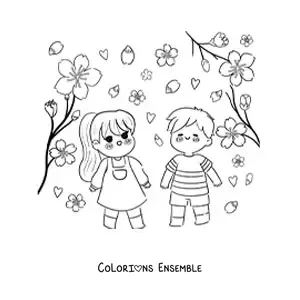 Image à colorier d'enfants kawaii qui observent des fleurs de cerisier