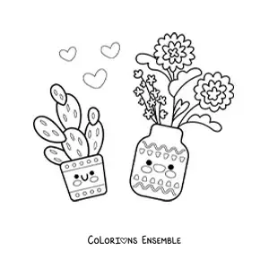 Image à colorier d'un pot de fleurs kawaii à côté d'un cactus