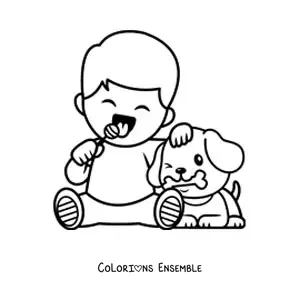 Image à colorier d'un garçon qui mange une sucette à côté d'un petit chien avec son os