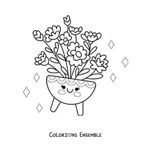 Image à colorier d'un grand pot de fleurs kawaii