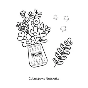 Image à colorier d'un pot de fleurs kawaii avec des étoiles