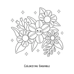 Image à colorier de grandes fleurs kawaii avec des feuilles