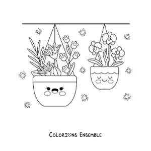 Image à colorier de pots suspendus avec des fleurs kawaii