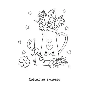 Image à colorier d'un vase de fleurs kawaii à côté d'un sécateur