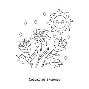Image à colorier d'un soleil kawaii avec des fleurs