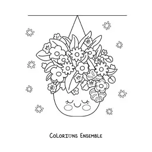 Image à colorier de pots suspendus avec de grandes fleurs kawaii