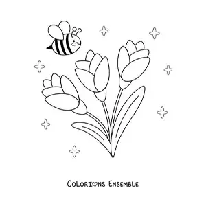 Image à colorier d'une abeille kawaii avec de grandes fleurs