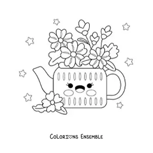 Image à colorier d'un vase de fleurs kawaii avec des étoiles
