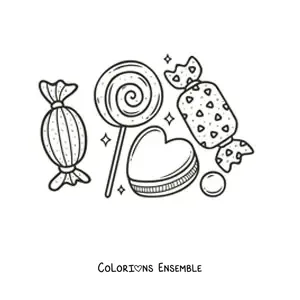 Image à colorier d'une sucette, d'un biscuit en forme de cœur et de bonbons tout autour