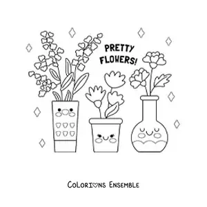 Image à colorier d'un vase et de pots avec de jolies fleurs