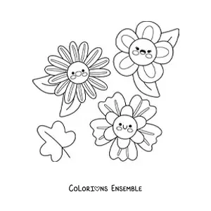 Image à colorier de 3 grandes fleurs kawaii
