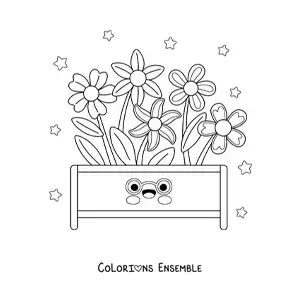 Image à colorier de grandes fleurs plantées dans un pot kawaii
