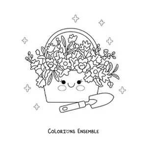 Image à colorier d'un panier kawaii avec des fleurs à côté d'une pelle de jardinage