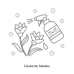 Image à colorier d'un pulvérisateur kawaii qui arrose des fleurs