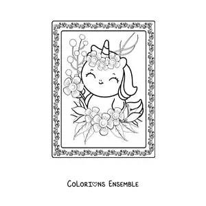 Image à colorier d'une grande licorne kawaii avec des fleurs