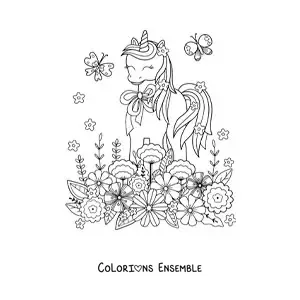 Image à colorier d'une licorne kawaii avec des fleurs et des papillons