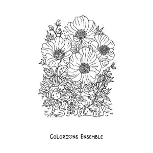 Image à colorier de coquelicots avec des enfants kawaii