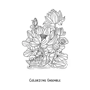 Image à colorier d'une fleur de lotus avec une fille kawaii