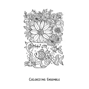 Image à colorier d'un vase de fleurs avec des poissons kawaii