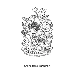 Image à colorier d'un gâteau fleuri avec un lapin et un chat kawaii