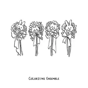 Image à colorier de fleurs avec des lapins et un chat kawaii