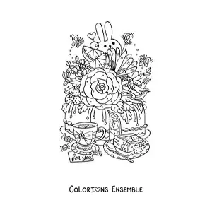 Image à colorier d'un gâteau fleuri et d'une tasse de thé avec un lapin kawaii