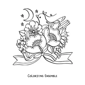 Image à colorier de belles fleurs avec une colombe kawaii et la Lune