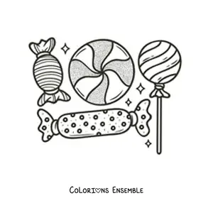Image à colorier d'une sucette et de bonbons emballés