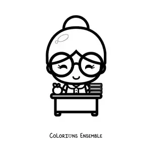 Image à colorier d'une maîtresse kawaii à son bureau avec une pomme