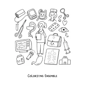 Image à colorier d'une docteure kawaii avec des objets de dessin animé