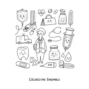 Image à colorier d'un docteur kawaii avec des objets de dessin animé