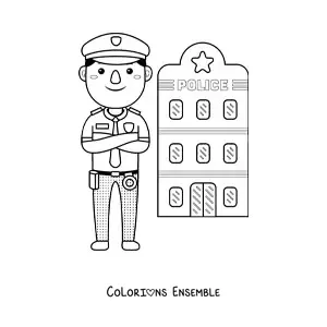 Image à colorier d'un policier kawaii devant le commissariat