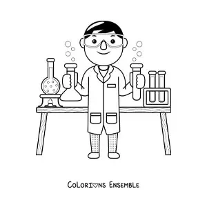 Image à colorier d'un scientifique kawaii dans son laboratoire