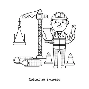Image à colorier d'un ingénieur civil kawaii à côté d'une grue sur le chantier