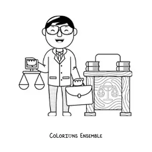 Image à colorier d'un avocat kawaii avec une balance et une mallette dans son bureau