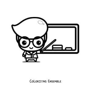 Image à colorier d'un professeur kawaii qui fait cours devant le tableau