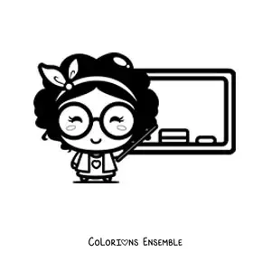 Image à colorier d'une professeure kawaii qui fait cours devant le tableau
