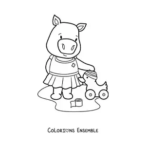 Image à colorier d'une petite cochonne kawaii qui joue à l'infirmière