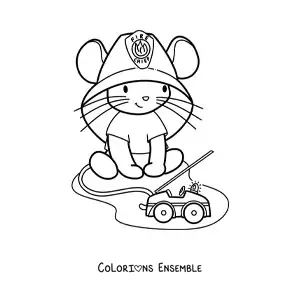 Image à colorier d'une petite souris kawaii qui joue au pompier