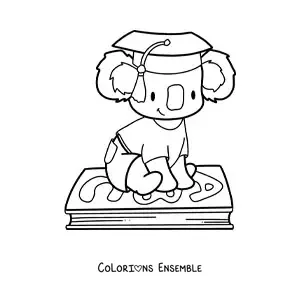 Image à colorier d'un koala kawaii avec une toque de diplômé assis sur un livre
