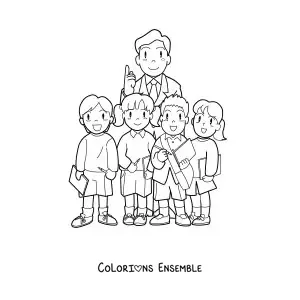 Image à colorier d'un enseignant et de ses élèves de primaire