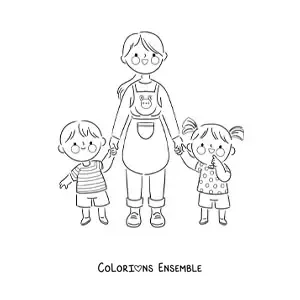 Image à colorier d'une maîtresse et de ses élèves de maternelle