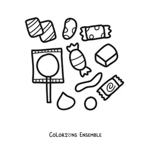 Image à colorier de plusieurs sucettes et bonbons emballés