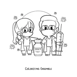 Image à colorier de médecins kawaii avec le vaccin contre le coronavirus